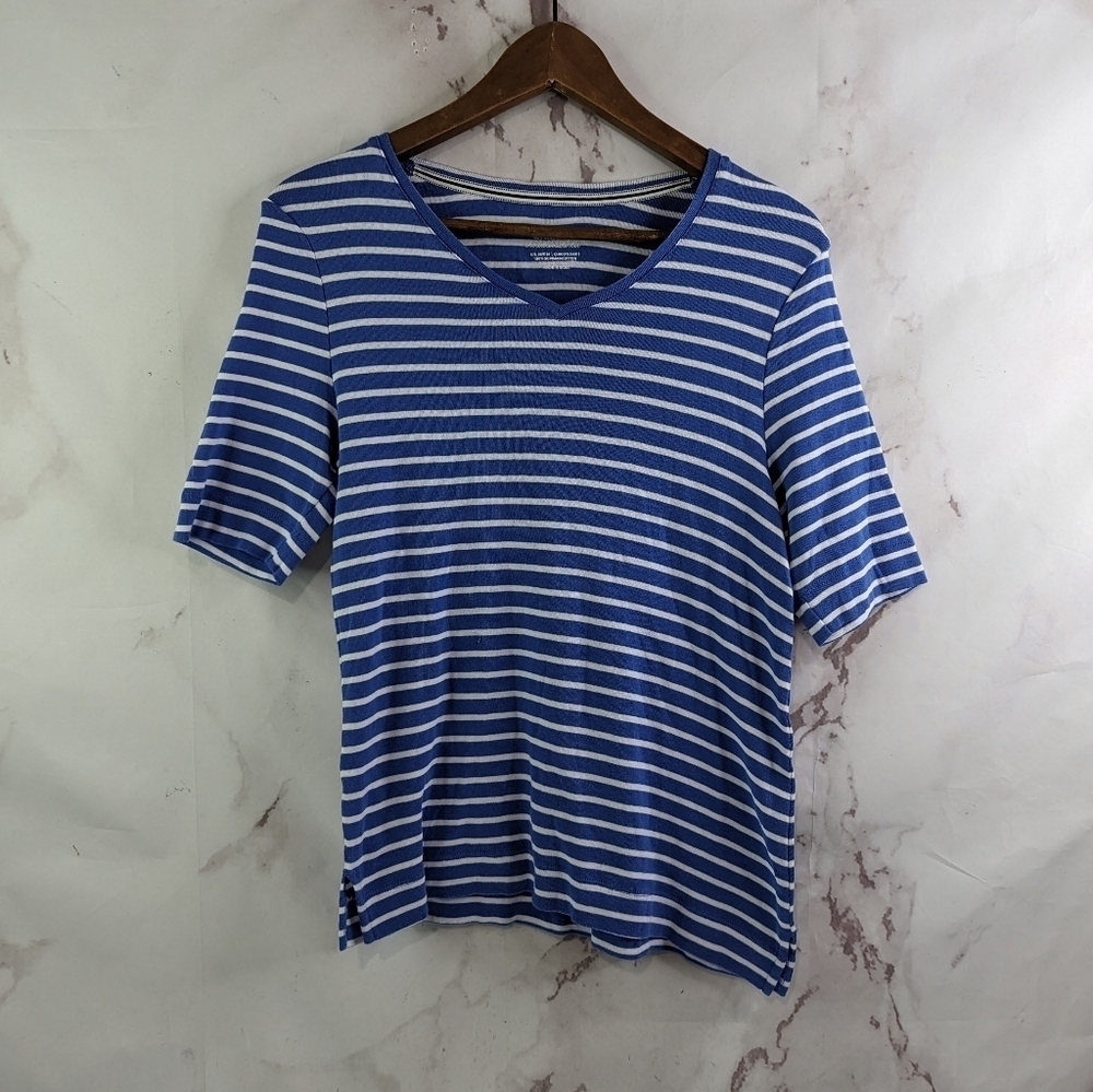 Chicos T Shirt Women 1 Medium White Blue Striped Tee Round Neck Nautical